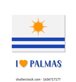Flag of Palmas and lettering with heart. The capital of Tocantins (state in Brazil). Vector template for banner, typography poster, logo design, postcard, t-shirt, flyer, sticker, label, etc.