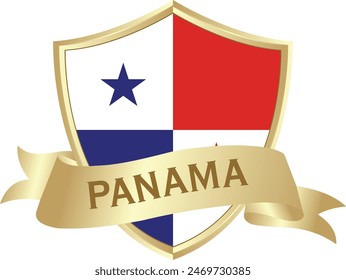 Flag of panama as around the metal gold shield with panama flag