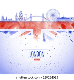 Flag And The Panorama Of The City Of London Landmarks Painted In The Style Of The Sketch And Watercolor.