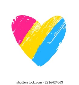 The flag of pansexual pride in the shape of a big heart. A colorful logo of one of the LGBT flags. Sexual identification. Vector illustration on a white background.