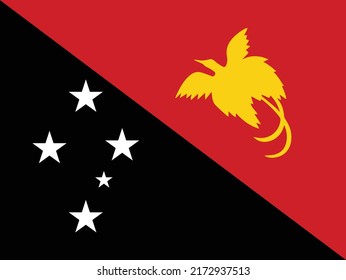 The Flag Of Papau New Guinea in red white black and yellow with the Bird of Paradise logo