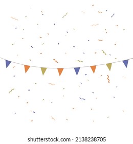 Flag paper garland and party confetti flying on white background. Birthday, carnival decoration hanging and falling. Festive ornament for happy holidays. Isolated colored flat vector illustration