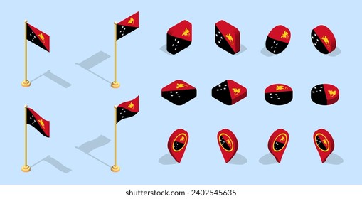 Flag of Papua New Guinea. 3D isometric flag set icon. Vector for banner, poster, presentation, infographic, website, apps, maps, and other uses.