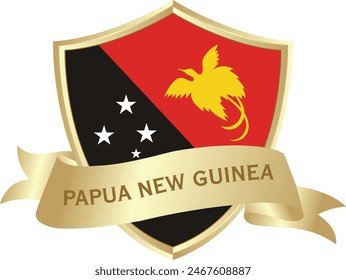 Bandera de papúa nueva guinea en torno al escudo de metal dorado con la bandera de papúa nueva guinea