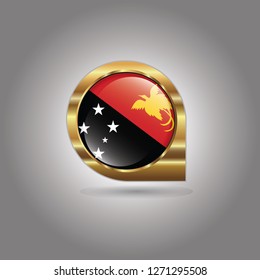Flag of Papua New Guinea, button with the reflection of light and shadow, gold frame, Icon country. Realistic vector illustration on gray background.