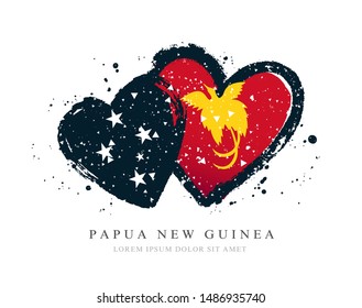Flag of Papua New Guinea in the form of two hearts. Vector illustration on a white background. Brush strokes are drawn by hand. Independence Day.