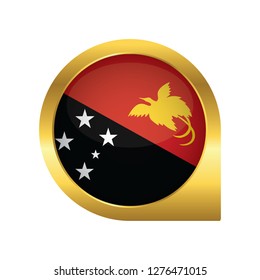 Flag of Papua New Guinea, location map pin, pointer flag, button with the reflection of light and shadow, gold frame, Icon country. Realistic vector illustration on white background.
