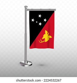 Flag of Papua New Guinea. Vector illustration of a vertical hanging flag with flagpole on a transparent background (PNG).