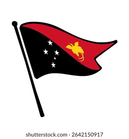 Flag of Papua New Guinea. Papua New Guinea flag vector illustration icon design in the hand-drawn style. Fluttering flagpole flag.