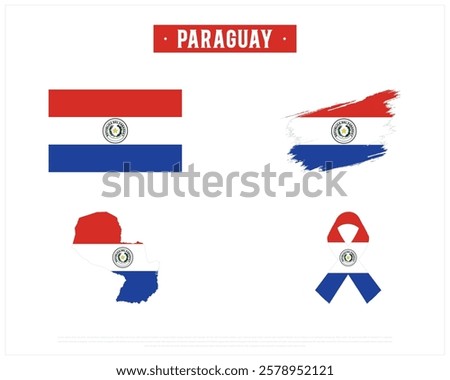 Flag of PARAGUAY, Brush style flag of PARAGUAY, Ribbon flag of PARAGUAY, and Map of PARAGUAY with flag in it on a white background, Independence Day