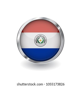 Flag of paraguay, button with metal frame and shadow. paraguay flag vector icon, badge with glossy effect and metallic border. Realistic vector illustration on white background.