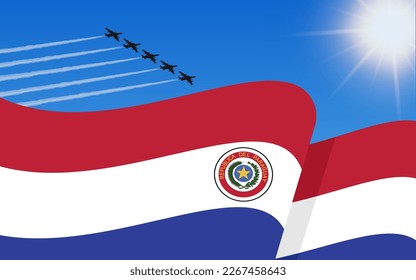 Flag of Paraguay and a fighter plane formation flying in the sky. 14th May Independence day Paraguay. Military aviation in the blue sky. Vector illustration