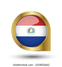 Flag of Paraguay, location map pin, pointer flag, button with the reflection of light and shadow, gold frame, Icon country. Realistic vector illustration on white background.