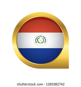 Flag of Paraguay, location map pin, pointer flag, button with the reflection of light and shadow, gold frame, Icon country. Realistic vector illustration on white background.