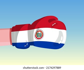 Flag of Paraguay on boxing glove. Confrontation between countries with competitive power. Offensive attitude. Separation of power. Template ready design.