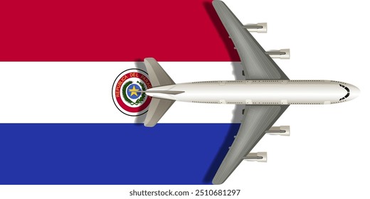 Flag of Paraguay with a plane flying over it close up. Vector image.