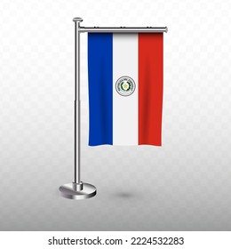 Flag of Paraguay. Vector illustration of a vertical hanging flag with flagpole on a transparent background (PNG).