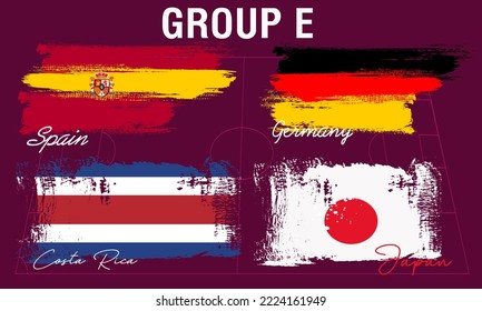 Flaggenteilnehmer der Gruppe E an der Fußball-Weltmeisterschaft, gestrichene Pinselstriche, Flaggen der teilnehmenden Teams mit Text für den Cup 2022