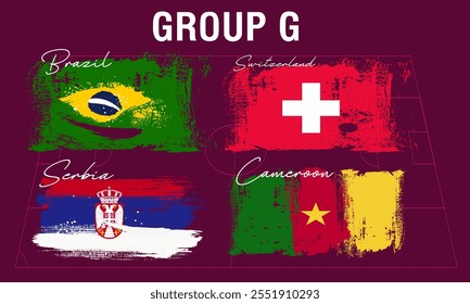 participantes del grupo G en el campeonato mundial de fútbol, pinceladas pintadas, banderas de los Equipos participantes con texto para la Copa 2022