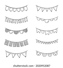 flag party doodle. bunting flags decoration for design birthday invitation, social media feed, happy birthday element design. happy birthday concept