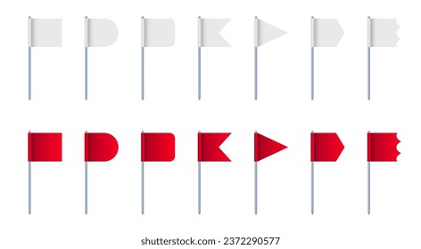 Flag pennant mockup white red toothpick stick isolated set. Vector flat graphic design illustration