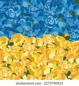 Flag with peonies. Flag of Ukraine. Blue and yellow peonies. Floral Ukrainian flag. Support concept banner or border. Hand drawn vector illustration. Flowers background.