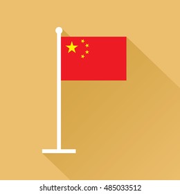 Flag of the Peoples Republic of China on flagpole. The red banner charged in the canton with five golden stars. Vector illustration in eps8 format.