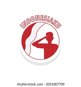 flag and person give respect illustration silhouette in circle badge emblem for patriotic indonesian independence day icon element sticker logo