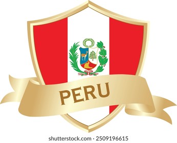 Flag of Peru as around the metal gold shield with Peru flag