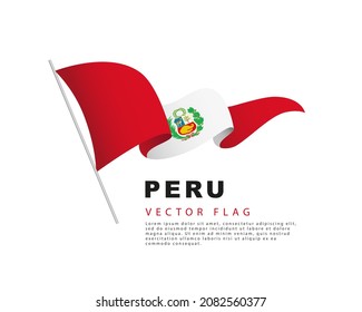 La bandera del Perú cuelga de un asta de bandera y flauta en el viento. Ilustración vectorial aislada en fondo blanco. Logo colorido de la bandera peruana.