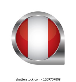 Flag of Peru, location map pin, pointer flag, button with the reflection of light and shadow, silver frame, Icon country. Realistic vector illustration on white background.