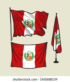 Flag of Peru on the wind and on the wall - vector illustration set
