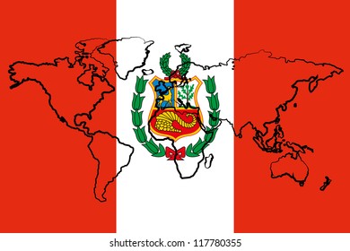 The flag of Peru with the outline of the world
