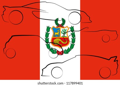 The flag of Peru with the outlines of many cars of different types