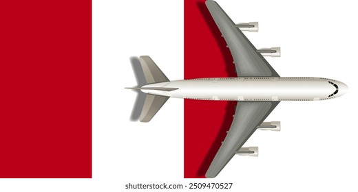 Flag of Peru with a plane flying over it close up. Vector image.