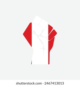 Flag of Peru in the shape of raised hand sign isolated on background. Fist symbol modern, simple, vector, icon for website design, mobile app, ui. Vector Illustration