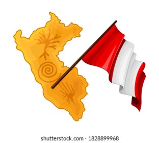 Flag of Peru Waving on Pole and Country Border Vector Illustration