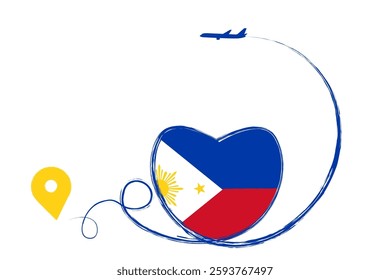 Flag of Philippines. Heart, love romantic travel. Symbol of airplane, air plane, aircraft, aeroplane, flying, fly jet airline. Line path. Vector location pointer route. Travel for your design. EPS10.