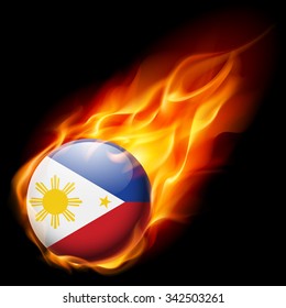 Flagge von Philippinen als rundes glänzendes Symbol brennt in Flammen
