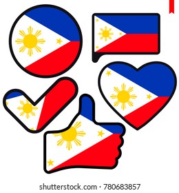 Flag of Philippines  in the shape of Button, Heart, Like, Check mark, flat style, symbol of love for his country, patriotism, icon for Independence Day.