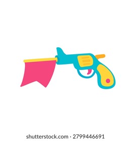 Flag Pistol Toy Gun Vector Illustration. Bang prank joke pop-up weapon cartoon style.