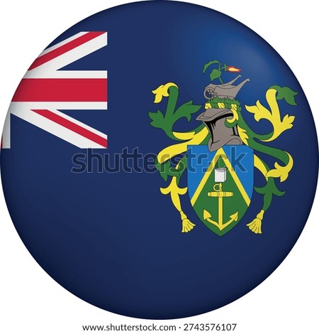 Flag of Pitcairn Islands. Glossy circular flag. Button appearance. 3D Icon Design with depth. Professional, tactile look. Perfect for representing national identity in digital interfaces and perfect for websites