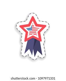 Flag placed in star shaped figure with ribbons, Grand Union of United States symbolizing July fourth in summer, celebration day vector illustration