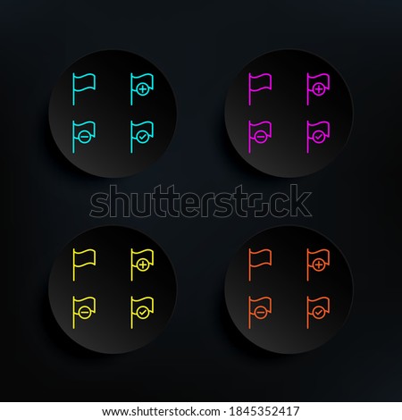 Flag, plus, check, minus sign dark badge color set icon. Simple thin line, outline vector of web icons for ui and ux, website or mobile application