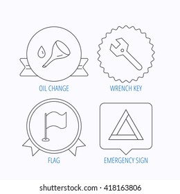 Flag pointer, emergency sign and wrench key icons. Emergency triangle, oil change linear signs. Award medal, star label and speech bubble designs. Vector