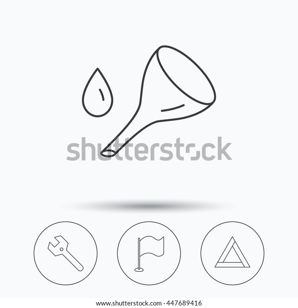 Flag pointer, emergency sign and wrench\
key icons. Emergency triangle, oil change linear signs. Linear\
icons in circle buttons. Flat web symbols.\
Vector