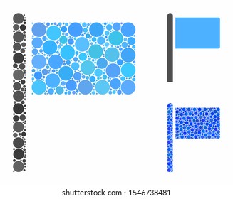 Flag pointer mosaic of filled circles in various sizes and shades, based on flag pointer icon. Vector small circles are united into blue mosaic. Dotted flag pointer icon in usual and blue versions.