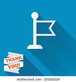 Flag pointer sign icon. Location marker symbol. White flat icon with long shadow. Paper ribbon label with Thank you text. Vector