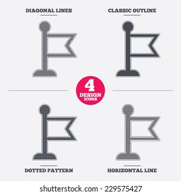 Flag pointer sign icon. Location marker symbol. Diagonal and horizontal lines, classic outline, dotted texture. Pattern design icons.  Vector