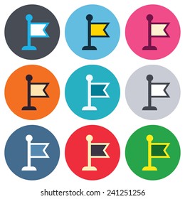 Flag pointer sign icon. Location marker symbol. Colored round buttons. Flat design circle icons set. Vector